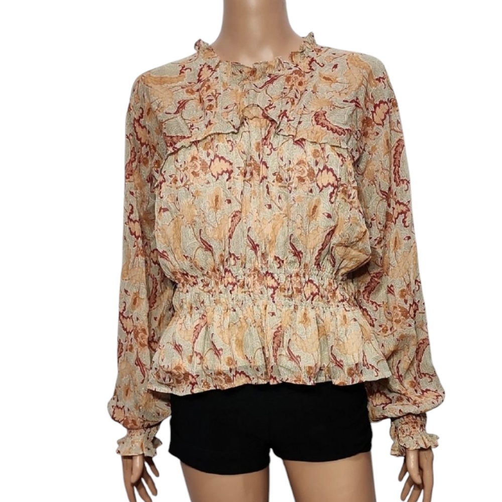Entro Womens Puff Long Sleeve Floral Shimmer Crop Blouse Peplum Size L NWT‎